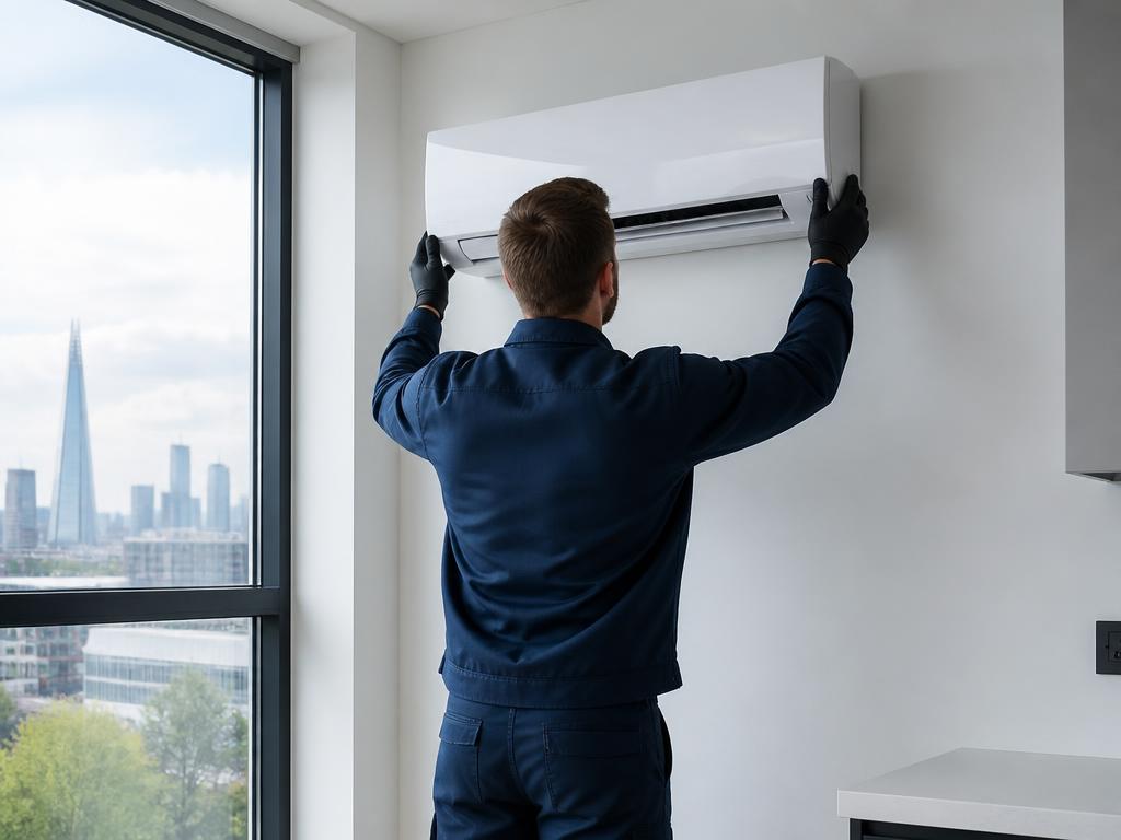 Air-ism engineer installing a modern air conditioning unit in a London home